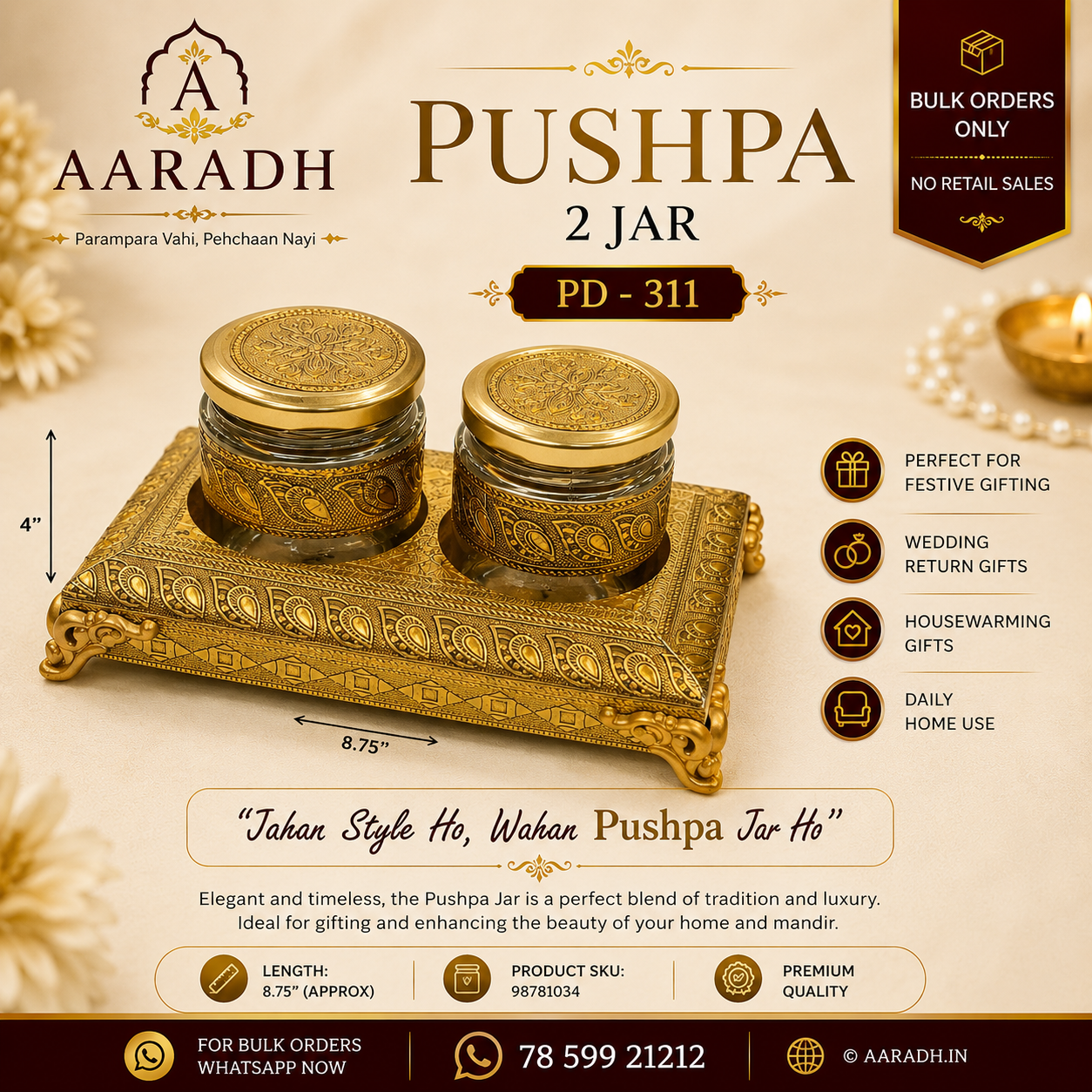 Aaradh Pushpa 2 Jar Set with Tray (PD-311)